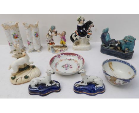 Ten ceramic pieces to include:an 18th century Chinese bowl and saucer;a pair of 19th century miniature Staffordshire Dalmatia