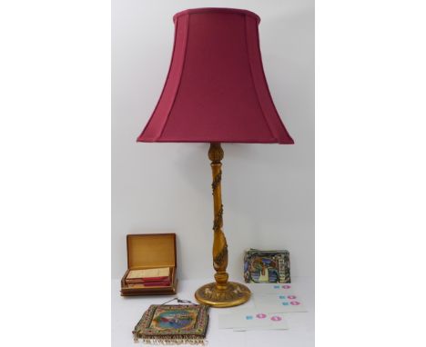 A mixed lot comprising:a wooden boxed bridge set;a gilt table lamp;a beaded evening bag decorated with scenes of Venice;vario