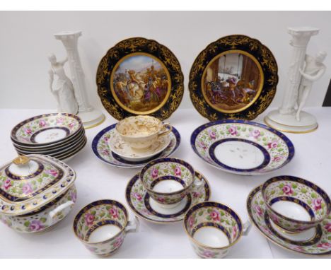 A collection of china and porcelain to include:a pair of French Sèvres-style cobalt-blue and gilt transfer-printed cabinet pl