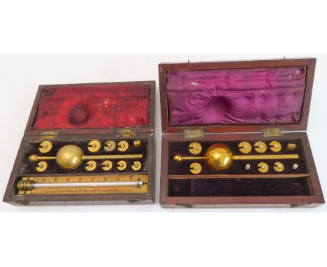 Two cased Sikes Patent hydrometers:1. Dring & Fage no. 2381 (with replacement Casartelli thermometer and one weight (60 grain