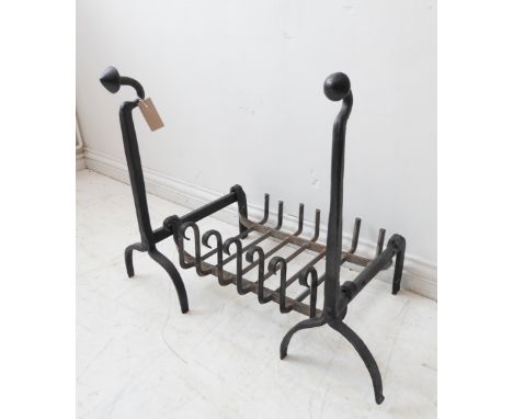 A 20th century blacksmith-made iron dog-grate and firedogs with swan-neck finials (61 cm high) (The grate 58 x 42 cm)