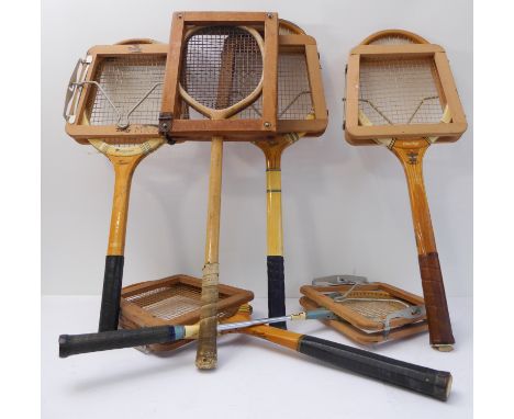Six vintage racquets with presses, two squash (Grays and Gradidge) and four tennis (Slazenger, Lockwood Brown, Dunlop and Har