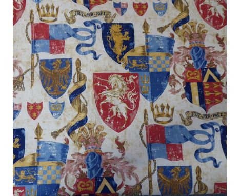 Two pairs of cotton curtains in a striking heraldic pattern 'Lancelot' (Jonelle Duracolour); triple pinch pleat heading, whit