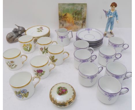 A selection to include:two sets of six coffee cans and saucers - a Royal Worcester set (one A/F) and an unmarked continental 