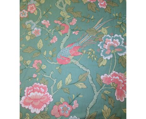 Two pairs of green cotton curtains with a pattern of flowers and birds in Chinoiserie style; pencil pleat heading, thermal li