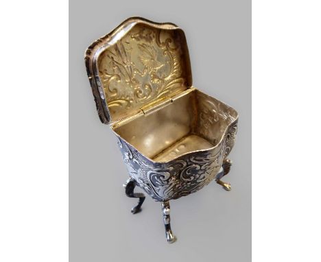 A late 19th century Dutch silver trinket box: modelled as a bombe-shaped mid-18th century commode on cabriole legs; serpentin