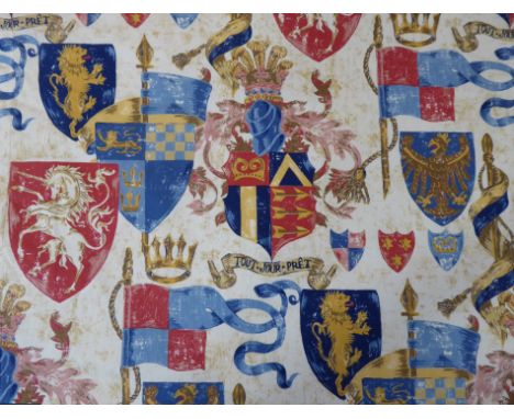 Two pairs of cotton curtains in a striking heraldic pattern 'Lancelot' (Jonelle Duracolour); triple pinch pleat heading, whit
