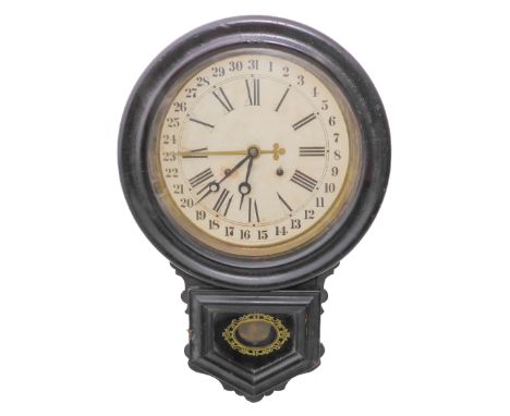 An American Ansonia Clock Co. drop-dial wall clock striking on a gong, the eleven-inch white circular dial with black Roman n
