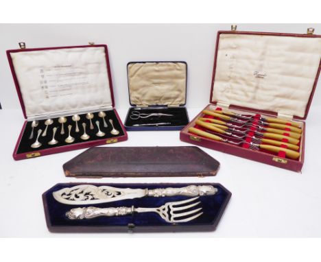 Mostly silver plate to include: 12 hallmarked silver teaspoons&nbsp;(various assay offices) ; a set of six horn-handled knive