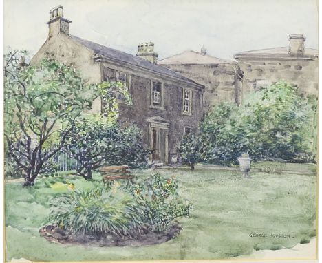 * GEORGE HOUSTON RSA RI RSW (SCOTTISH 1869 - 1947), 
AN AYRSHIRE GARDEN 
watercolour on paper, signed 
15cm x 18.5cm 
Mounted