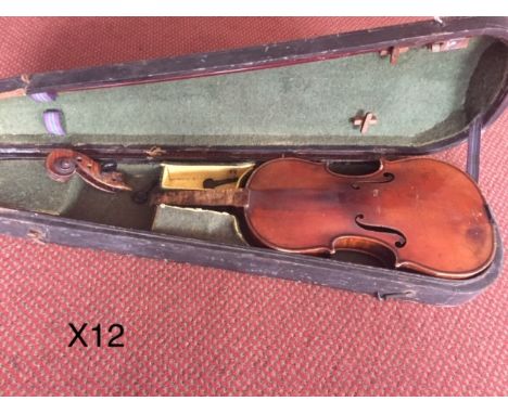 Violin with detached scroll in hard black case with bow as found 