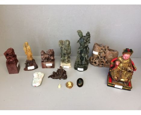 Group of soap stone, jade &amp; other figures, brass pill box &amp; a papier mache brooch 