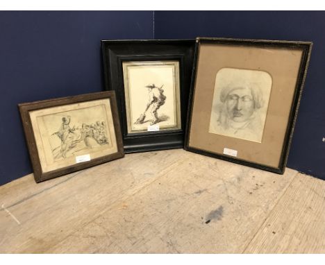 Circle of George Cruickshank, pencil caracature portrait of ' A Gentleman ' &amp; 2 others, various sizes (3) 
