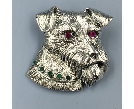 Silver dog brooch set with ruby eyes &amp; emerald collar 