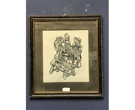 A Hogarth framed portrait of 'Medieval Figures seated at Apparatus'  26 x 22.5 cm 