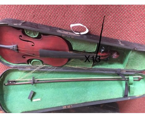 Violin labelled Maidstone in hard black case with bow as found 