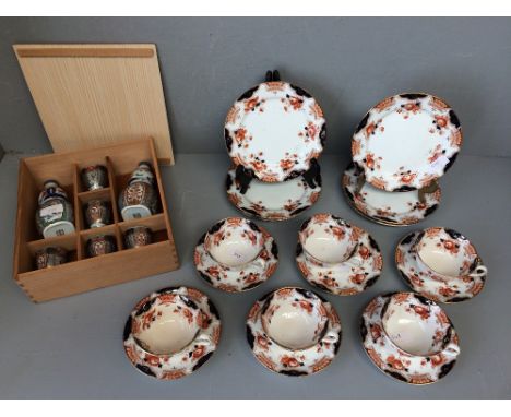 Chinese boxed Saki set (2 flasks &amp; 5 cups), Anchor china 6 piece tea service 'Dawlish Pattern' 