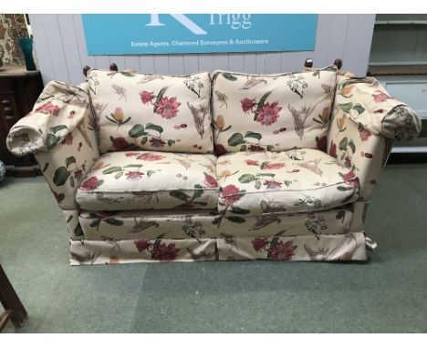 Large 3 seater Knowle back sofa ( 1 leg missing) covered in oatmeal with exotic flowers &amp; fruit 190 x 103 cm 