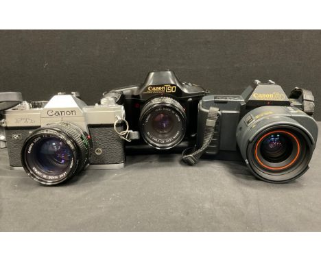 Cameras and camera equipment - a Canon T90 (boxed, with manual) with 50mm f/1.8 lens, extension tubes, Canon speed lite 300TL