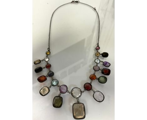 A Vari-gem chandelier necklace, with garnet, citrine, amethyst, quartz, peridot etc, white metal mount, 
