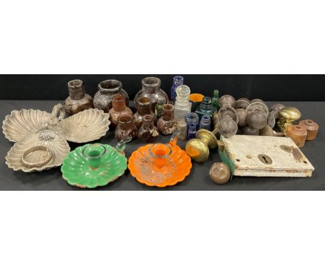 Boxes and objects - enamel chamber sticks, Bovril jars, Bakelite door handles; others similar; etc 