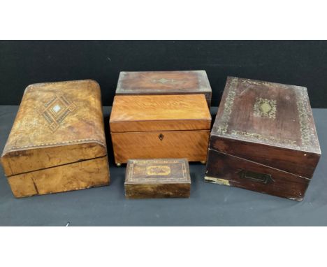 A Victorian walnut maquetry inlaid writing slope, fitted interior;  another brass inlaid ;  George III tea caddy etc all for 