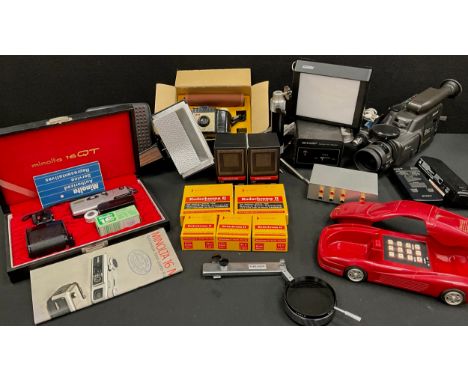 Cameras -  Minolta 16QT Sub-Miniature Camera Outfit chrome, 1972-74, with a Rokkor f/3.5 23mm lens, shutter untested, body G,