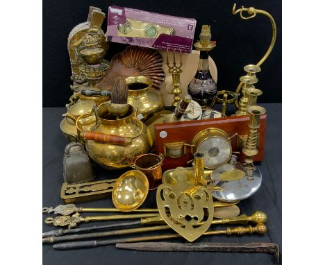 Brassware - ruby glass lamp, 32cm high, brass tea pot, chamberlain stick, square base, pair of candlesticks, oil lamp; etc 