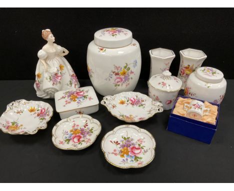 Royal Crown Derby Posies, inc., large jar and cover, another smaller, vases, trinket box and cover, figure etc, mostly firsts