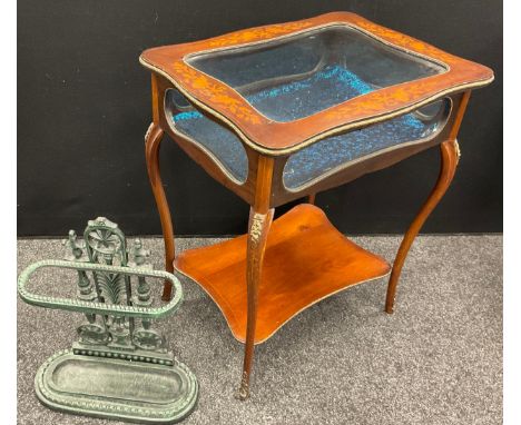 Edwardian mahogany bijouterie cabinet, and a  metal stick stand. 