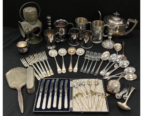 Silver and plate - christening cup, Sheffield, 1964, dressing table set, Birmingham, 1924; a set of six butter knives, mother