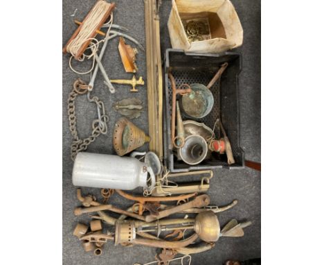 Boxes and objects - fire fender, agricultural equipment, horse brasses, 19th century cast iron door knocker, marine equipment