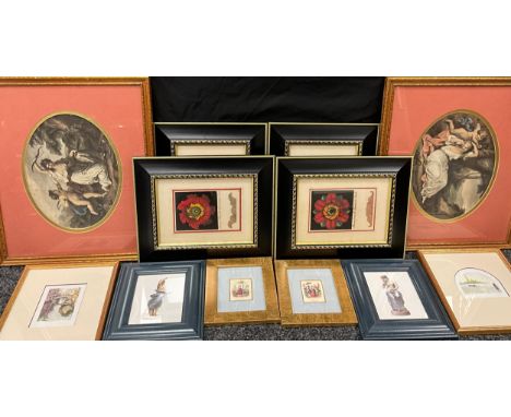 19th century related prints including oval prints of women and cherubs, a set of four reproduction prints of architectural bo
