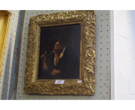 Two 19th century oils, the first depicting a seated gentleman, the second depicting a landscape scene inset in ornate gilt fr