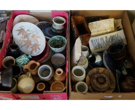 Two boxes of assorted modern studio and art pottery to include bowls, chargers etc