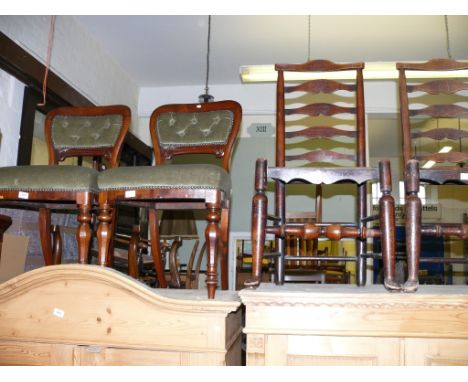Two Victorian mahogany framed single chairs together with two ladder back single chairs 