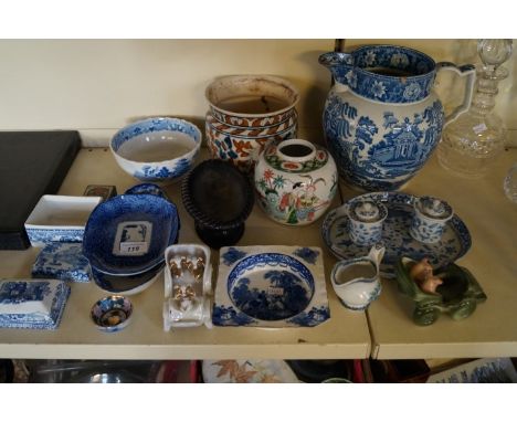 A collection of 19th century and later ceramics and ornaments to include blue and white pearl ware jug, Iznik planter, early 