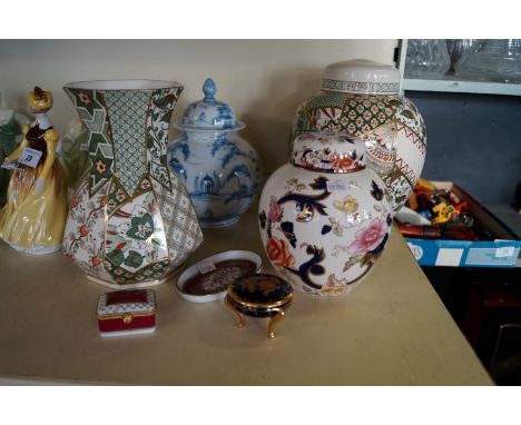 A mixed lot of assorted ceramics to include two pieces of Masons ironstone Applique, height of ginger jar 25cm, further Mason