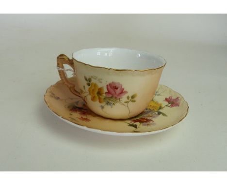 Two pieces of Royal Worcester blush ivory, each having hand-painted floral decoration, to include a flat back jug, puce facto