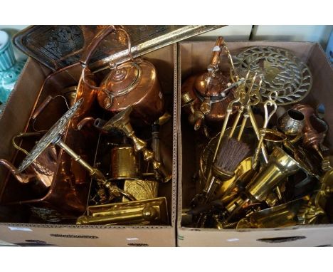 Two boxes of assorted metalware to include copper kettles, brass teapot stand, eastern brass tray etc.