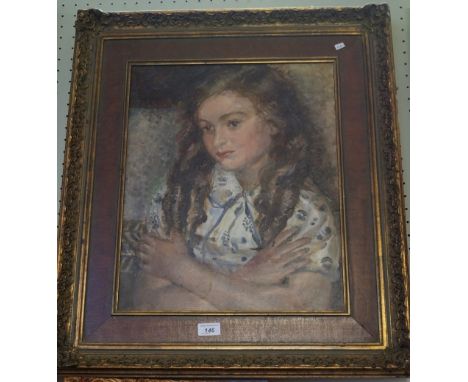 A large oil on canvas depicting a portrait bust of a girl with her arms crossed