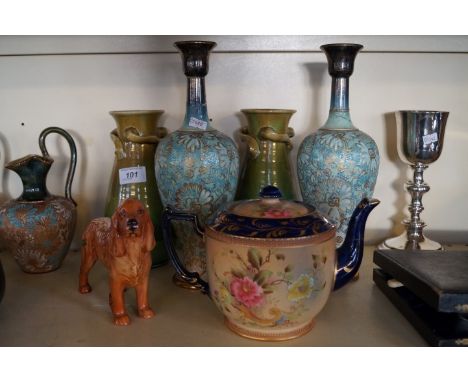 A mixed lot of assorted ceramics to include a pair of Arts & Crafts Charles Brannam ware vases, pair of Doulton slaters paten