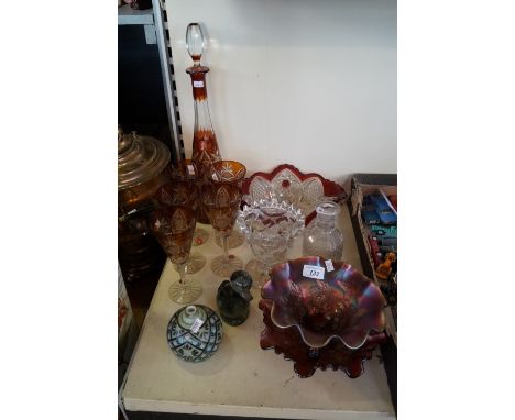 A mixed collection of assorted glassware to include two Carnival bowls, a flashed glass drinking set, Whitefriars duck etc