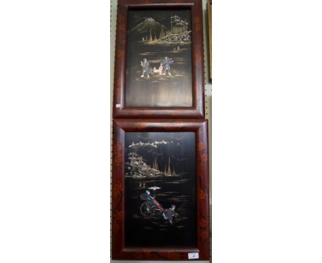 A pair of Chinese lacquered wall plaques each having mother of pearl inlaid decoration, depicting figures in landscape scenes