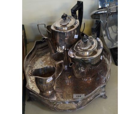 A silver-plated five piece tea service to include tray, teapot, water pot, twin handled sugar bowl and milk jug