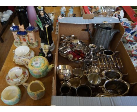 A mixed lot of ceramics, metalware and silver-plate to include a cranberry glass double ended scene bottle, toast rack, Staff