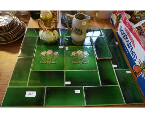 An Art Nouveau green glazed tile set, together with a Cheadle pottery jug etc 