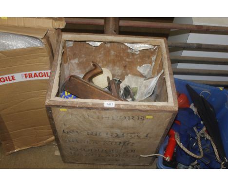 A crate containing a quantity of tools to include a wooden mallet; a wooden plane; various fastenings and fixings etc.