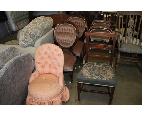 Two late Victorian button backed chairs, a pair of Victorian mahogany dining chairs, a mahogany inlaid dining chair and a but