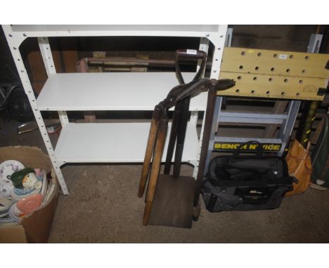 A bundle of tools to include a shovel; shears etc.